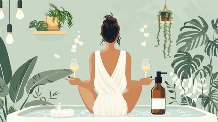 Peaceful Moment of Indulgence and Self Care in a Tranquil Spa Like Setting A Woman Enjoys a Relaxing Bath Surrounded by Lush Greenery and Soft Lighting Indulging in a Moment of Serenity and Renewal
