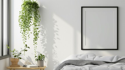 Frame mockup, modern bedroom home interior, wall poster frame, 3D render
