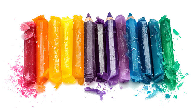 Oil Pastel Crayons on a white paper, spectrum of colors, some colored markers on white background


