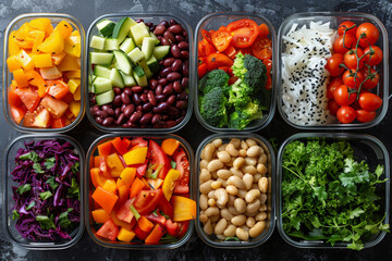 Variety of food containers filled with different meal preparations