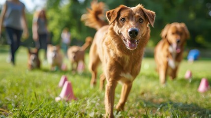 A professional dog trainer guiding a diverse group of dogs through obedience drills in a grassy park, with cones and training aids scattered around