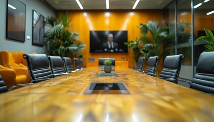A professional video conferencing setup featuring a pantilt camera, focusing on the speaker in a modern office meeting room