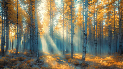 A forest of tall pine trees with sunlight filtering through the branches, creating a serene and peaceful woodland scene