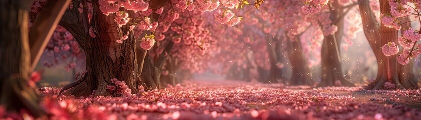 A romantic pathway lined with cherry blossom trees, their pink canopies creating a vibrant tunnel of flowers in a spring landscape