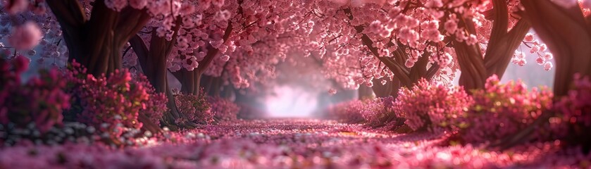 Fototapeta premium A romantic pathway lined with cherry blossom trees, their pink canopies creating a vibrant tunnel of flowers in a spring landscape