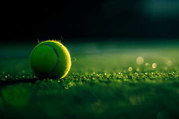 Close-up of a tennis ball on a grass court with dramatic lighting and shallow depth of field. Sport equipment highlighted in a moody, atmospheric setting.