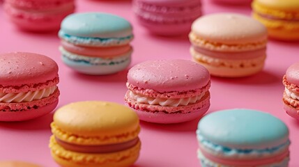 Obraz premium Assorted Colorful Macarons on Pink Background