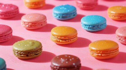 Assorted Macarons Arranged on Pink Surface

