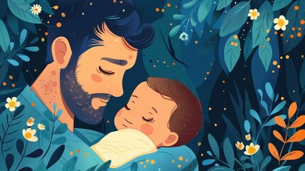 Tender Moment Between Father and Newborn Baby in Peaceful Nature Scene A Heartwarming of New Beginnings Family Love and the Intimate Bond Between a Parent and Child