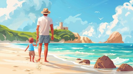 Father and Child Cherishing Beach Memories A Heartwarming of a Seaside Outing Capturing the Essence of Time Imagination and the Timeless Joys of Family Bonding