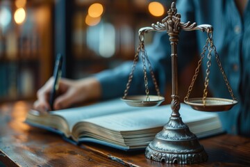 Legal consultant writing beside justice scale