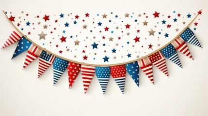 Obraz premium A festive string of red, white, and blue bunting with stars hangs against a white background.