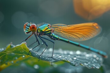 Close up of dragonfly on leaf