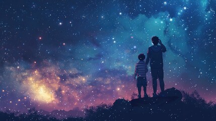 Fototapeta premium Father and Child Silhouetted Against a Starry Night Sky Sharing the Wonders of the Cosmos and Universe