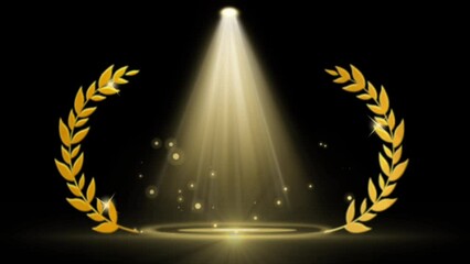 video illustration of a gold award frame under spotlights on a dark background