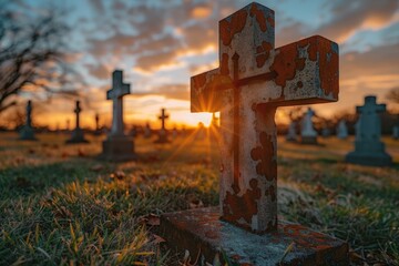 Cross in cemetery at sunset