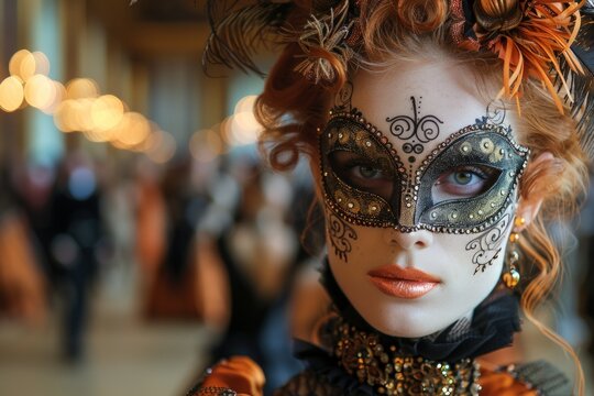 Close up of person wearing mask at masquerade ball