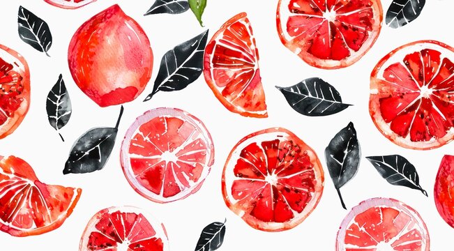 Set of grapefruits on white background, watercolor pattern design.