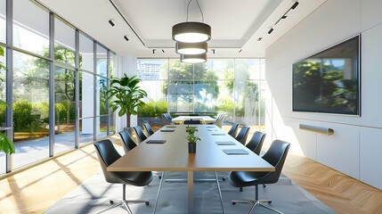 Stylish office interior with meeting table and chairs, tv screen and window