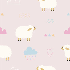 Seamless pattern with cute lamb, weather, cloud, and rain for your fabric, children textile, apparel, nursery decoration, gift wrap paper. Vector illustration