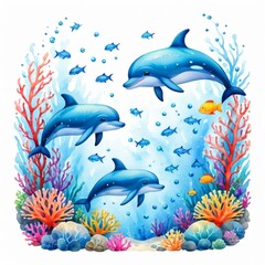 Three dolphins swim gracefully among colorful corals and vibrant fish in a clear blue underwater scene. This playful and lively illustration captures the beauty of marine life.
