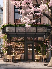 Stylish cafe facade with large windows, adorned by blooming trees, inviting patrons into a serene springtime city retreat.