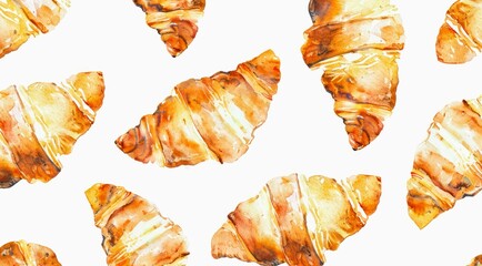 Croissants on white background, watercolor pattern design.