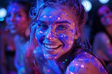 Woman with blue and purple paint on face at neon paint party