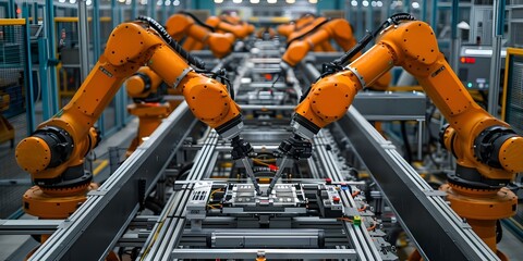 Efficient robotic arms in a factory setting during a digital manufacturing operation process. Concept Robotic Arms Efficiency, Factory Setting, Digital Manufacturing, Operation Process