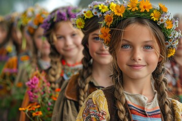 Group of young girls wearing flower crowns