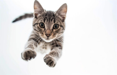 Fototapeta premium Dynamic action shot of a tabby kitten leaping towards the camera