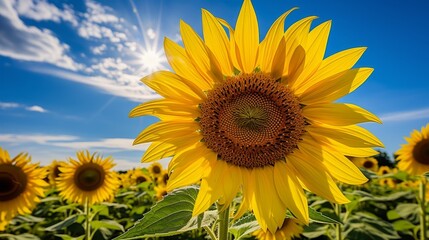 Fototapeta premium A field of vibrant sunflowers under a bright blue sky in summer