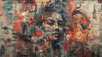 Fototapeta premium Large mural showcasing a mix of street art styles and historical elements, focus on, cultural expression, ethereal, Multilayer, city wall backdrop