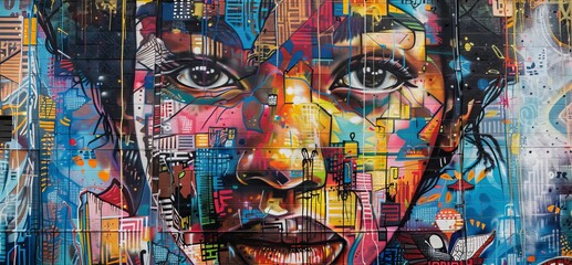 Fototapeta premium Large mural showcasing street art techniques and traditional patterns, focus on, creative expression, ethereal, Multilayer, cityscape backdrop