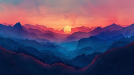 Sunset Over Mountain Range. A breathtaking sunset over a majestic mountain range, with the sun setting on the horizon, sky transitioning from blue to hues of orange and pink