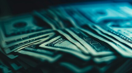 Stack of dollar bills fanned out, close up, symbolizing wealth, vibrant, Overlay, dark blue background backdrop
