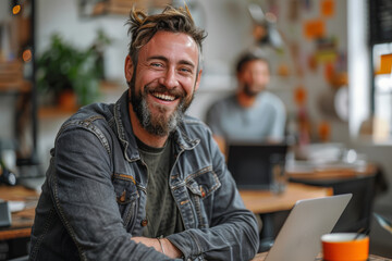 Man working at table with laptop