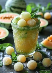 Fototapeta premium Melon Mint Smoothie - Pale green with melon balls and mint.