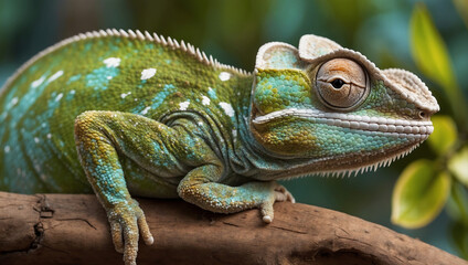 Obraz premium Green chameleon on a branch close-up