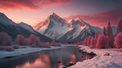 A beautiful sunset in the mountains in pink colors