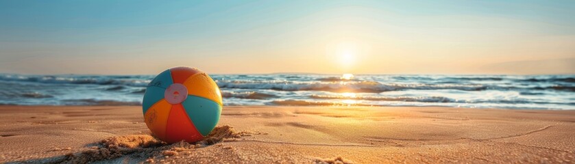 Colorful beach ball on sandy shore at sunrise with calm ocean waves in the background, perfect for summer vacation and seaside leisure concepts.