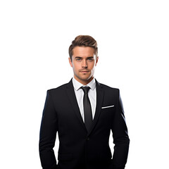 Confident young professional in a suit, corporate attire, business portrait, isolated on transparent background, studio shot.