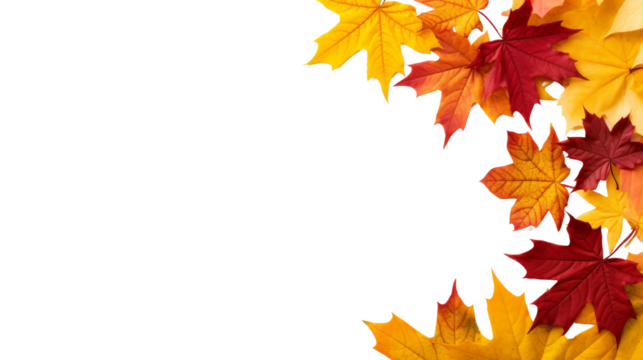 Colorful autumn leaves border  isolated on transparent background, perfect for seasonal designs, backgrounds, and holiday themes.  - Powered by Adobe