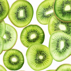 Fototapeta premium Sliced kiwi slices on a white background, seamless pattern.