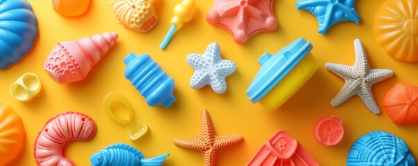 Colorful rubber beach toys, including shells and starfish, on a vibrant yellow background. Perfect for summer and beach-themed designs.