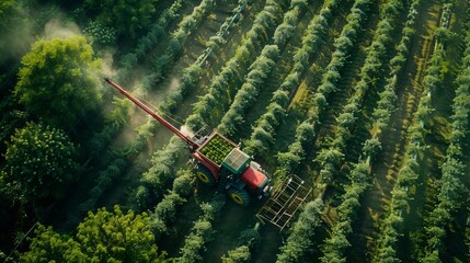 A mechanical harvester efficiently gathering ripe fruits from orchards, depicting modern solutions to reduce crop loss and improve efficiency.