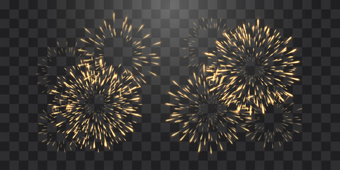Festive fireworks with brightly shining sparks. New Year's Eve fireworks. Realistic sparks and explosions. Colorful pyrotechnics show. Vector isolated on png background.