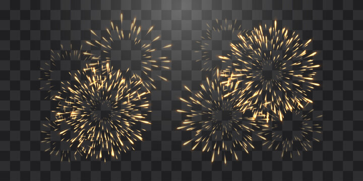 Festive fireworks with brightly shining sparks. New Year's Eve fireworks. Realistic sparks and explosions. Colorful pyrotechnics show. Vector isolated on png background.