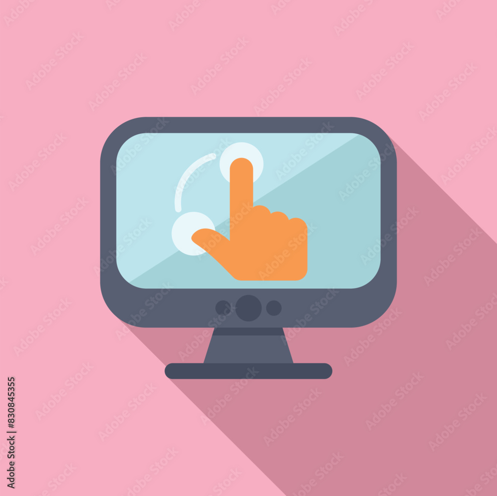 Poster minimalistic vector illustration depicting a hand cursor pointing at a computer monitor on a pink ba