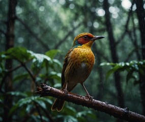 Fototapeta premium Sparrow, Eagle, Hawk, Owl, Pigeon, Crow, Robin, Parrot, Penguin, Flamingo, Swan, Hummingbird, Peacock, Woodpecker, Seagull, Toucan, Canary, Finch, Peli sitting on a branch in the natural green forest